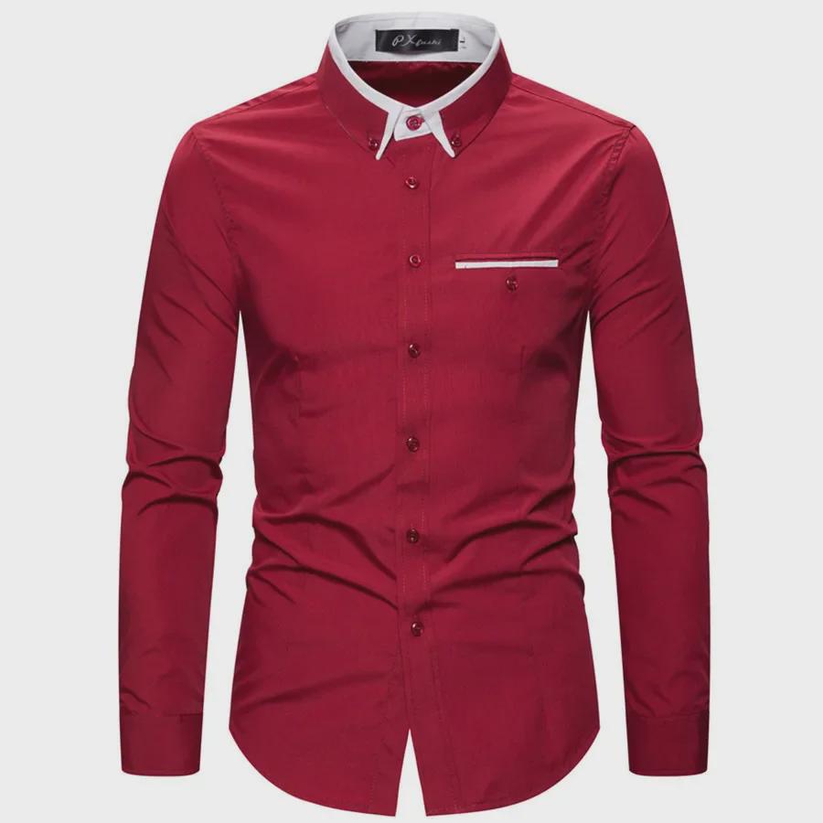 Men's Autumn Fashion Double Collar Solid Color Slim Fit Long Sleeve Shirt