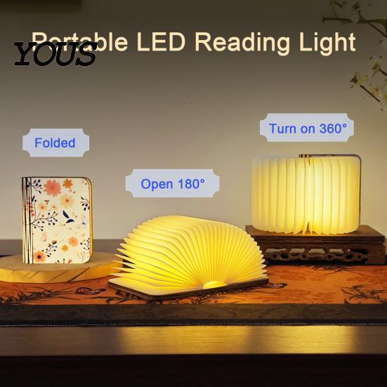 Creative Gift for Women Portable LED Book Light, Wooden Magnetic Foldable Night Lamp with Stepless Dimming, Artistic Shaped USB