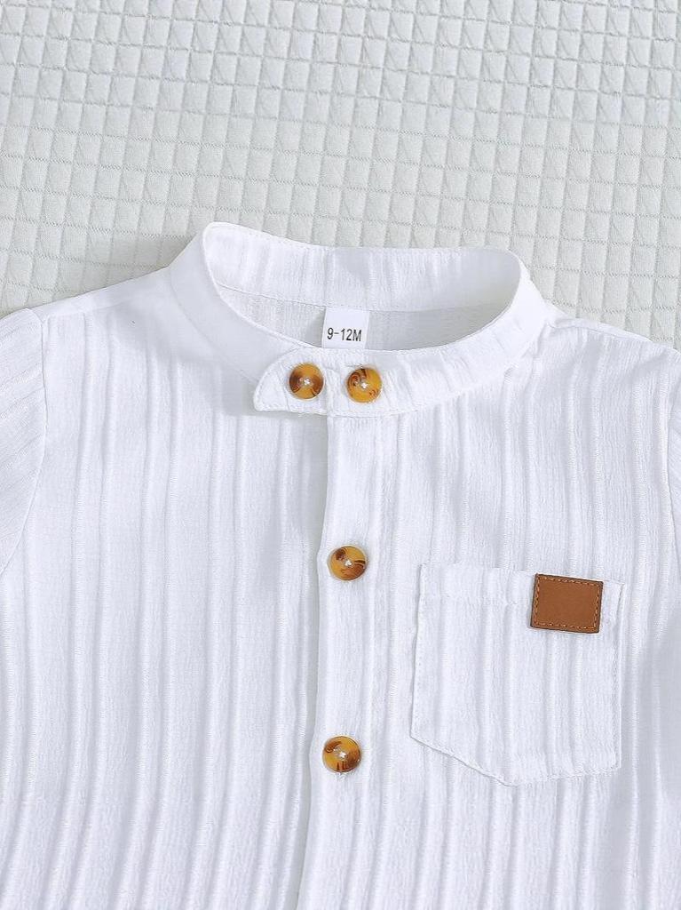 Boys' White Stripe Short-Sleeve Shirt & Khaki Shorts Set (2025 Spring/Summer Collection)