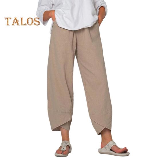 

Женские брюки с дышащей резинкой на талии в стиле ретро, этнические, однотонные, укороченные брюки, широкие повседневные брюки L