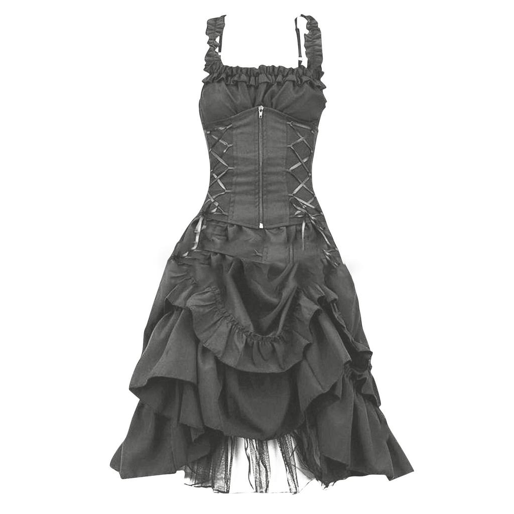 Halloween Středověké Gotické Šaty Steampunk Viktoriánské Černé Šaty Bez Rukávů Volánkové Lolita Palácový Dvorní Princeznovský Roucho pro Ženy