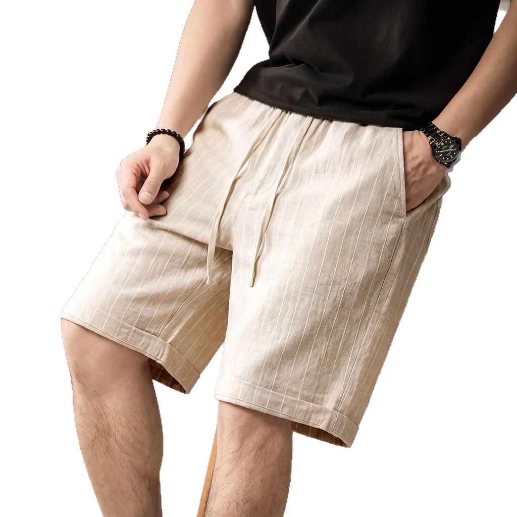 Hochwertige amerikanische Retro-Kontrastfarbe vertikale Streifen Leinen-Baumwollmischung lässige Shorts Herren Sommer dünn trendige Fünf-Punkt-Hose