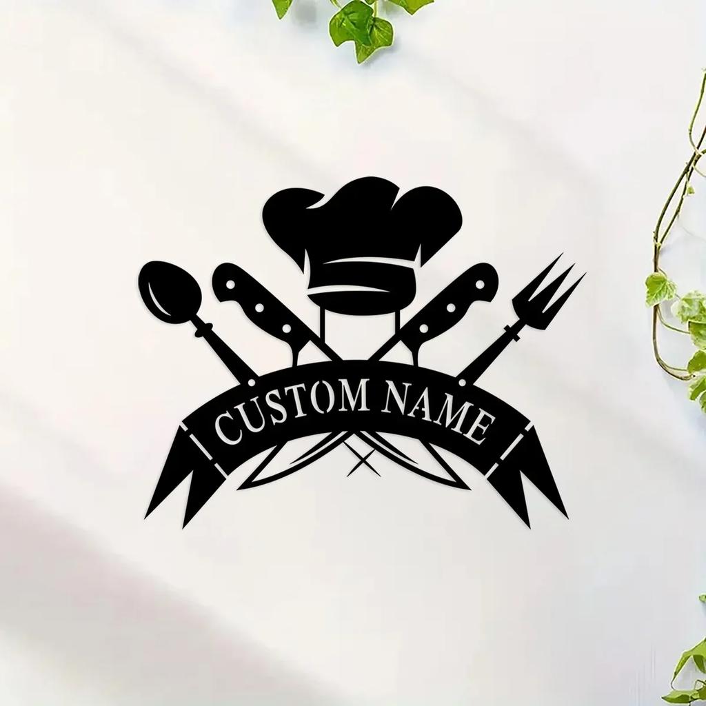 Custom Metal Chef Hat Wall Art, Personalized Kitchen Name Sign Decor