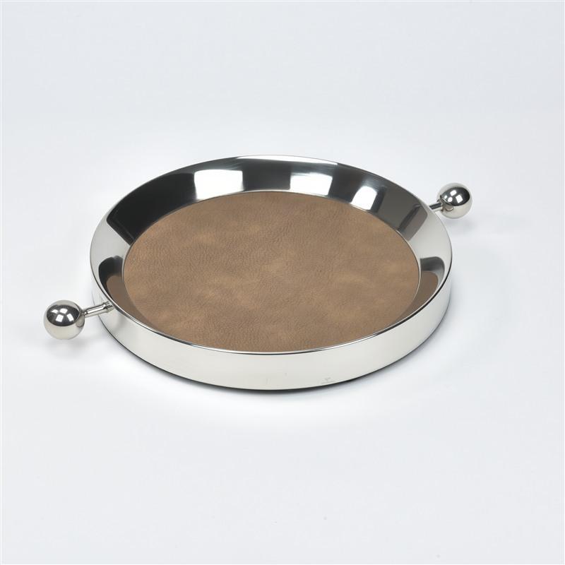 Stainless Steel Metal Mirror Leather Tray Circular Silver Handle Plate Desktop Storage Container Jewelry Tray Fruit Plate