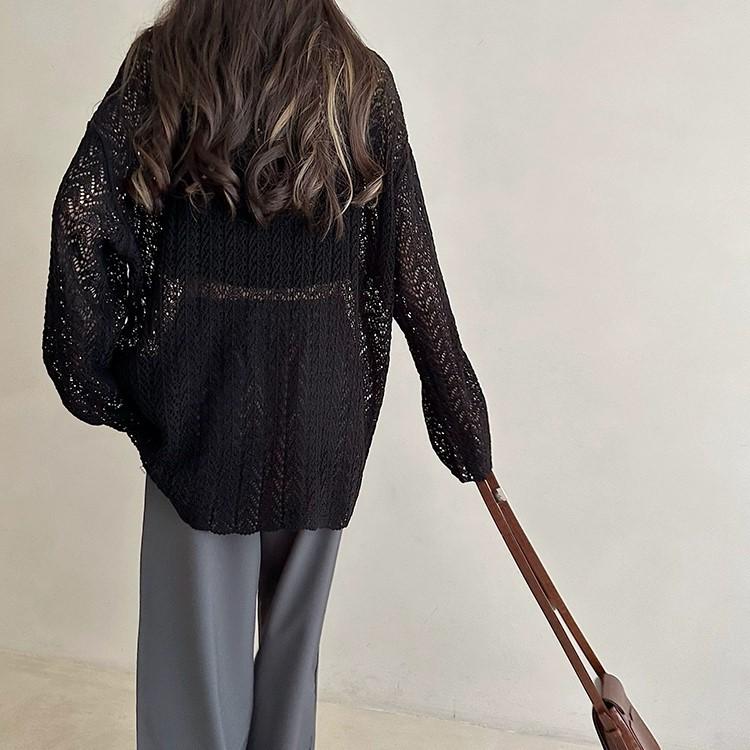 2024 Spring and Autumn New Lazy Wind Loose Long Sleeve Fashion Hollowed-out Slit Knitted Blouse