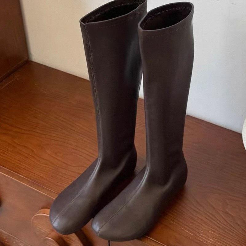 Retro round head long tube elastic boots women's inner height increase outer wear thin boots