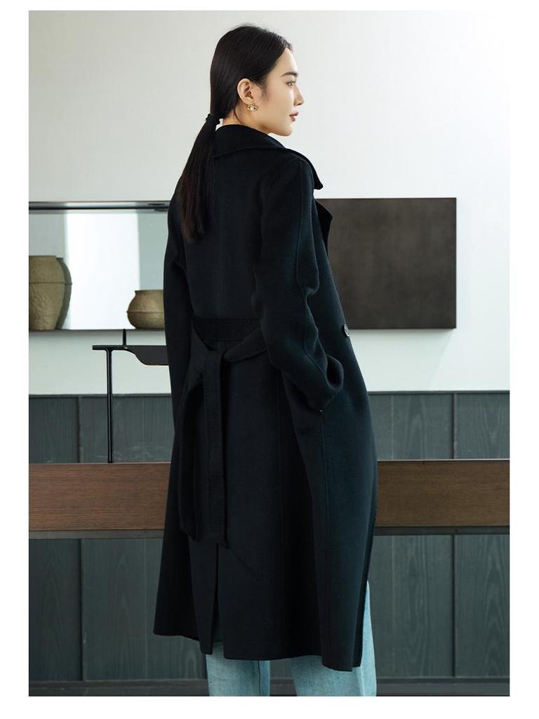 Women's Extra-Long Slim-Fit Over-the-Knee Double-Faced 100% Wool Queen Style Trench Coat for Autumn/Winter