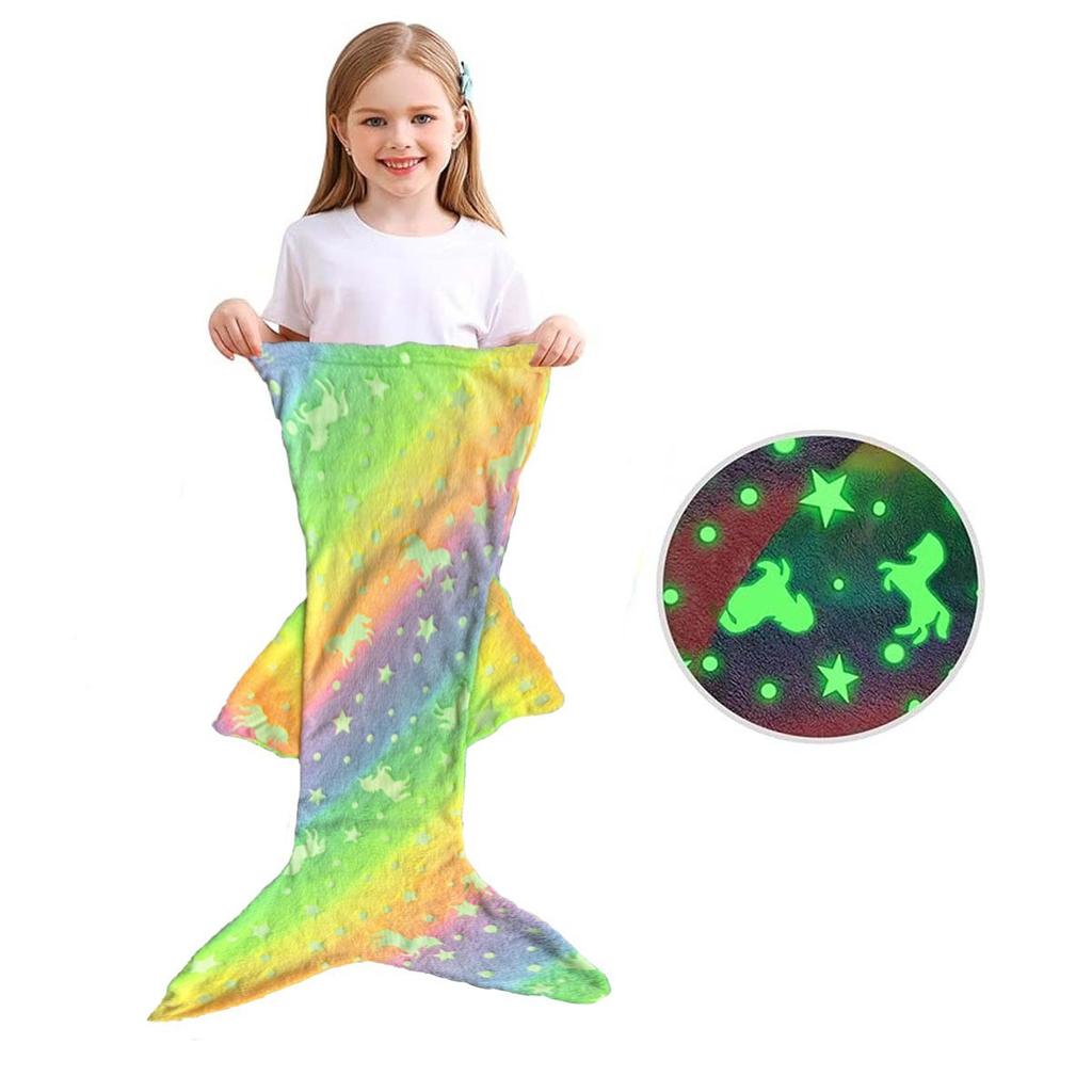 2026 New Night Glow Cartoon Rainbow Unicorn Mermaid Tail Blanket Flannel Wearable Super Soft Glow Gifts for Girls All Seasons