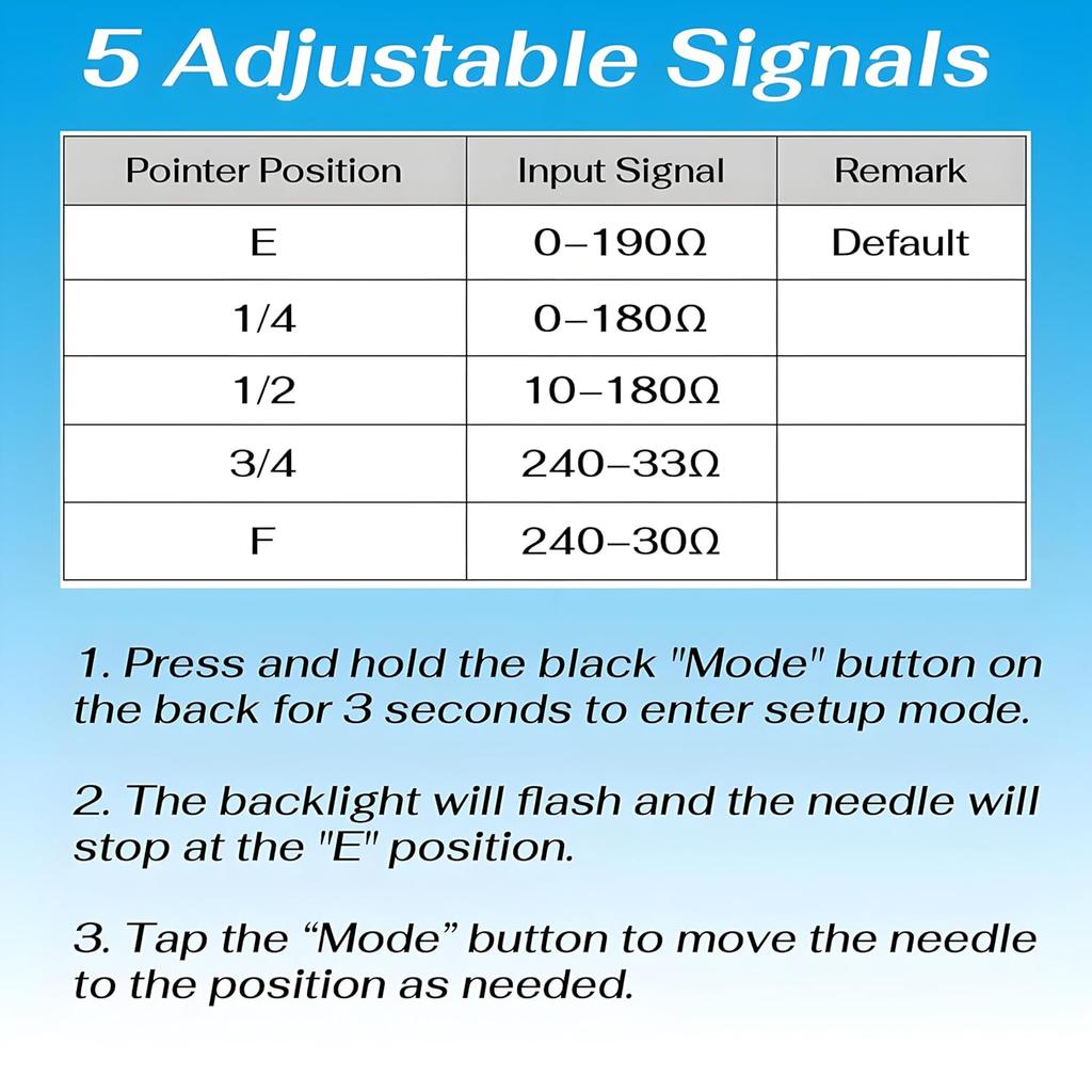 2" Boat Fuel Gauge, 5 Signal Adjustable Marine Fuel Gauge, 8 Color Backlight, Stainless Steel, 0-190ohm 0-180ohm 10-180ohm 240-33ohm 240-30ohm for 12V