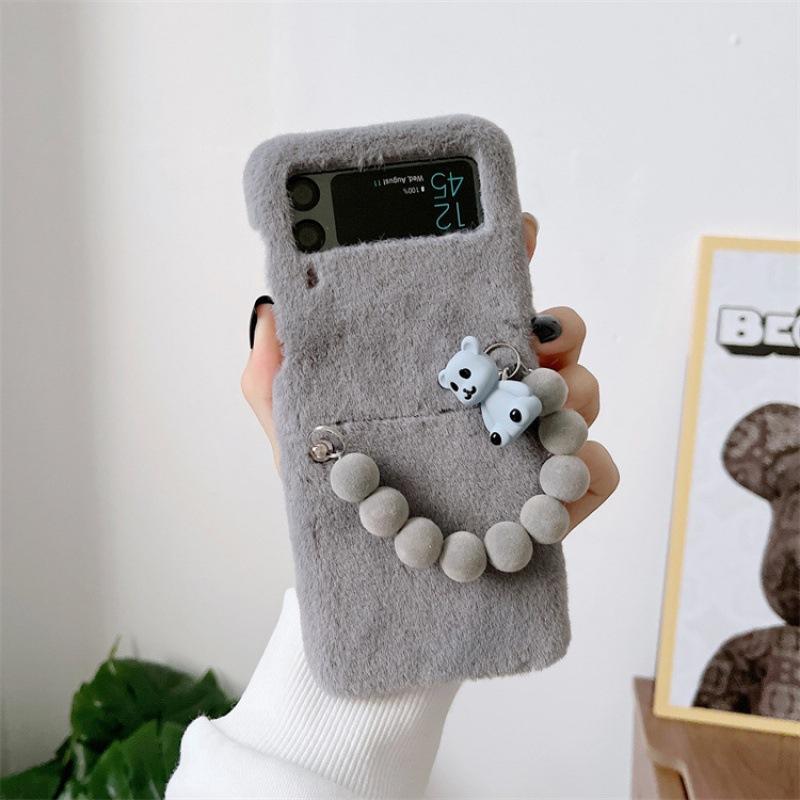 Applicable To Samsung ZFlip3 Autumn and Winter Plush Mobile Phone Case Zflip4 Bear Bracelet Fluff Case Protective Case Zflip4