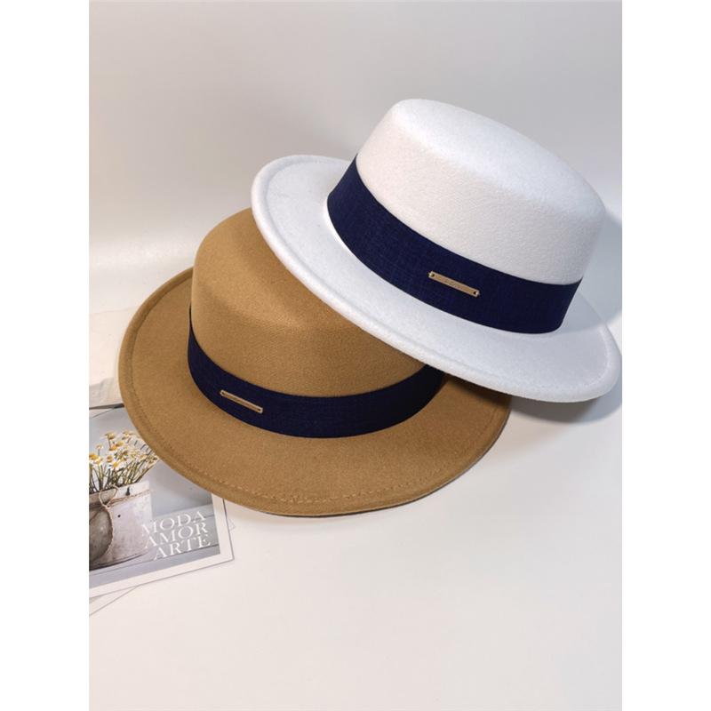 Celebrity French Temperament Flat Top Woolen Top Hat Women's Flat Edge Small Edge Felt Hat British Fashion Simple Autumn and Winter