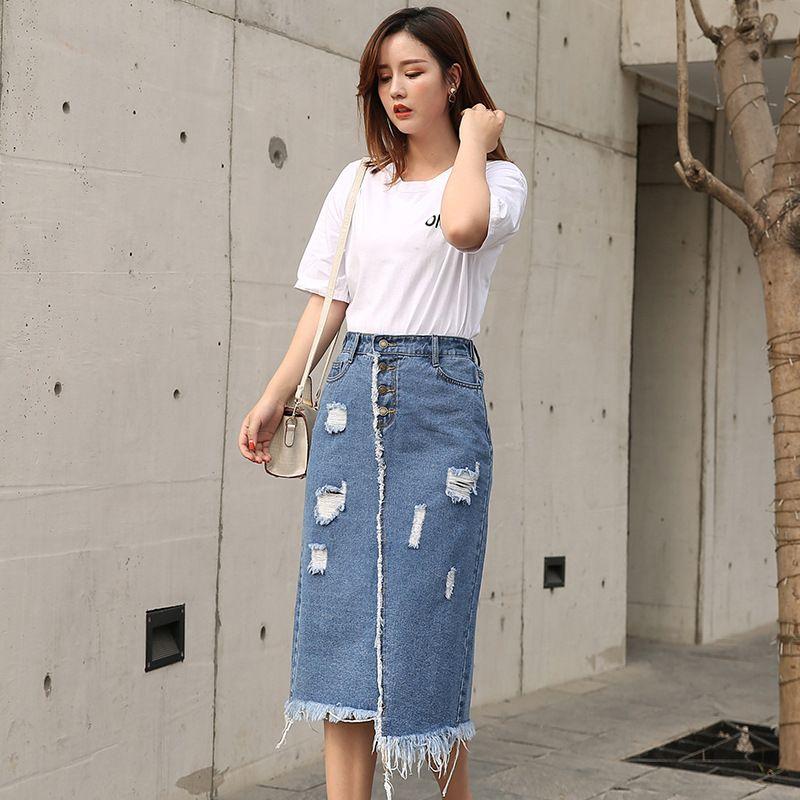 

Fashion Export 125.00kg Fat Girl 200 Oversize Women s Clothing Mid Length Long Length Ripped Bodycon Dress Raw Edge Denim Skirt Blue 2XL