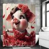 Cute Piggy Rose Dress Shower Curtain, Bathroom Decorative Shower Curtain, Waterproof Shower Curtain with Hooks