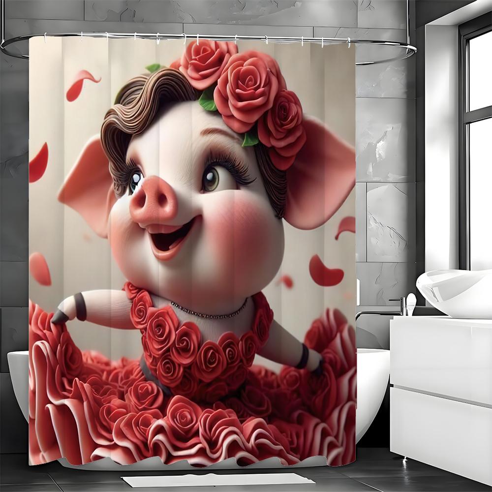 Cute Piggy Rose Dress Shower Curtain, Bathroom Decorative Shower Curtain, Waterproof Shower Curtain with Hooks