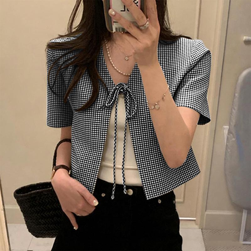 ZANZEA Blusa tipo cárdigan informal con cuello en V y mangas cortas con cordones para mujer