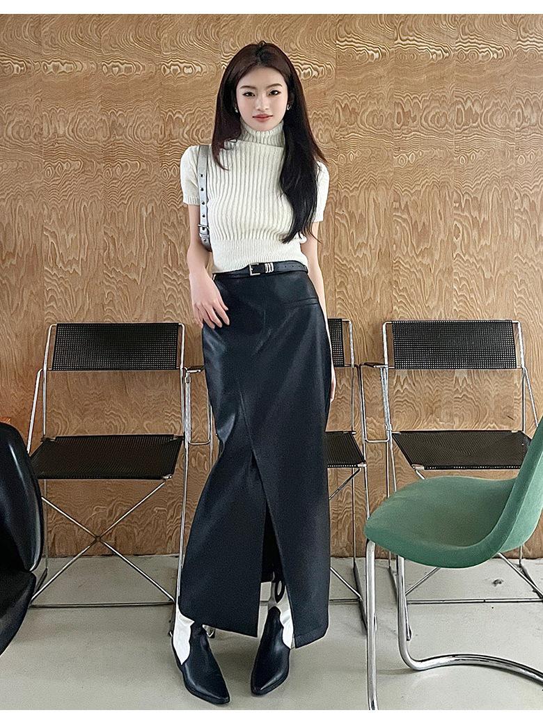 

Women s High Waist A-Line Leather Midi Skirt with Slit for Spring and Summer L