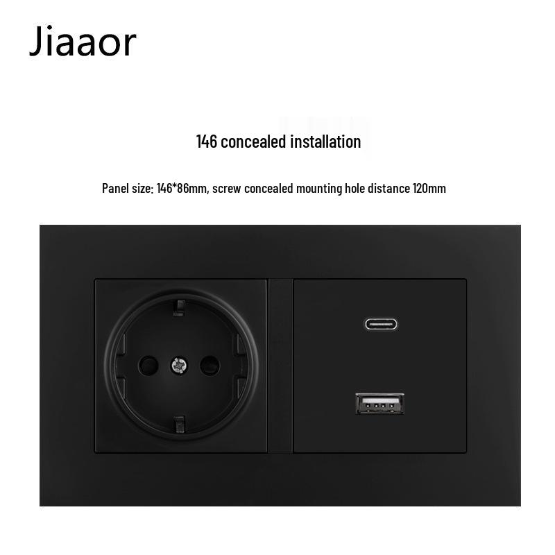 16A Black European Double Gang German-Style Switch & USB/Type-C Socket for Concealed Installation