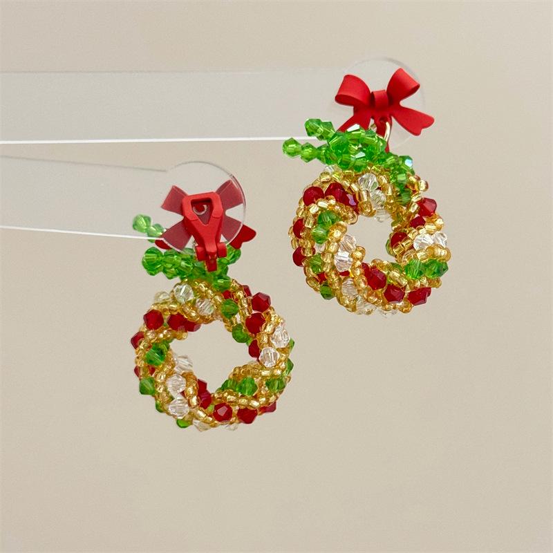 3D Christmas Tree Earrings with Red Bow - Heavy Beaded Crystal Ear Clips, Hand-Woven Holiday Accessories