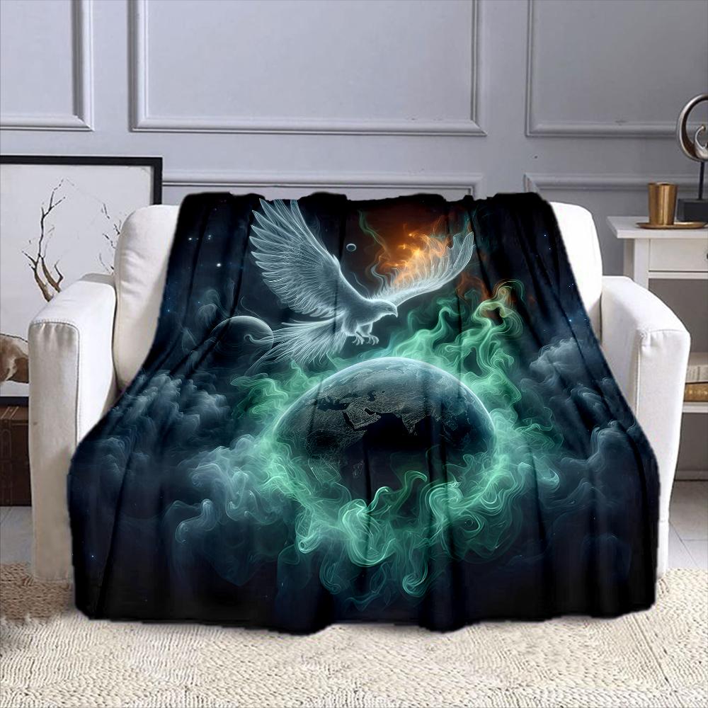 "Fiery Phoenix Over Mystical Earth" Patterned flannel blanket perfect for the bedroom living room, sofa, or a little nap