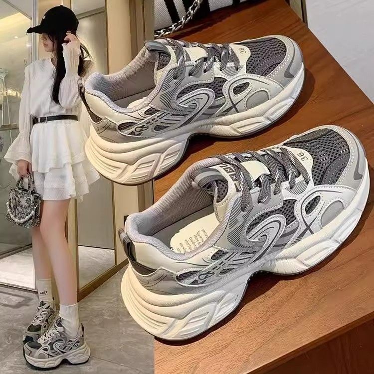 Gray Women's Thick Soles Increase In Height, Spring Fashion Casual Shoes, Spring and Autumn New Sports Shoes Are Versatile