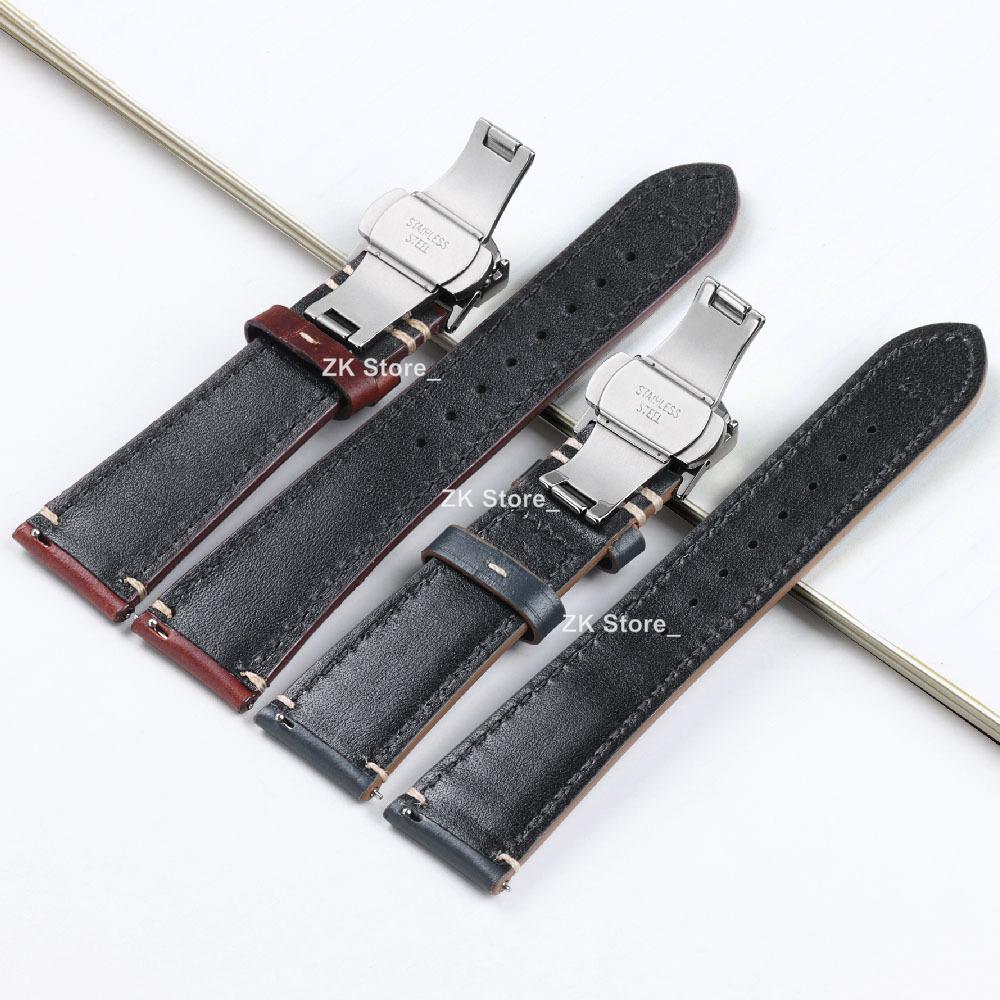 Echtes Leder Uhrenarmband 20/22/24mm Uhrenarmband Edelstahl Faltschließe Armband Gürtel für Herren Rot Schwarz Grün Blaues Band
