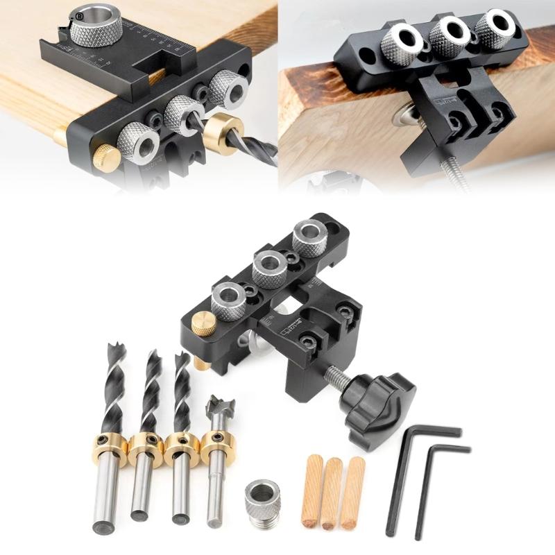 3 In 1 Pocket Hole Jig Kits, 8/10/15mm Pocket Hole Wood Doweling Drilling Template Positioning Clip Adjustable Drill