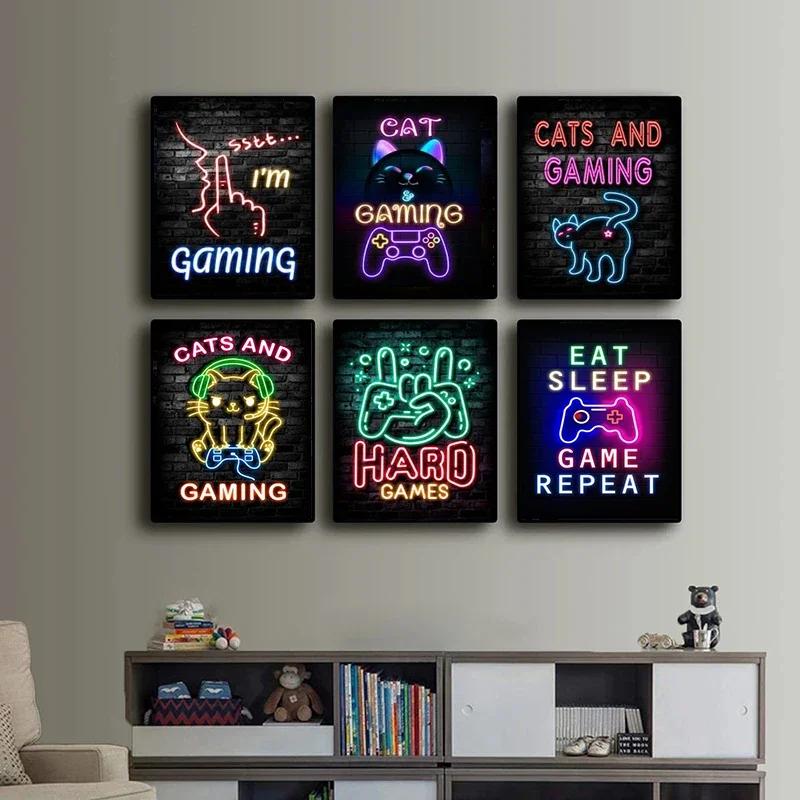 Nordic Cats And Gaming Neon Art Posters and Prints Canvas Painting Wall Pictures for Boys Game Room Wall Decor Home Decor