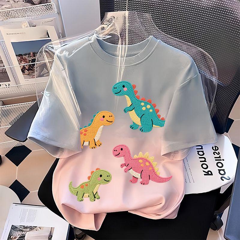 Girls' Fashionable Dinosaur Top - Summer Children's Casual Loose Pure Cotton T-shirt