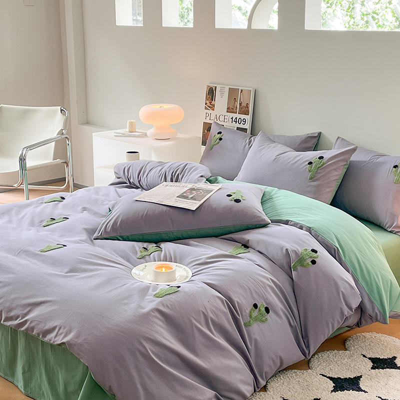 Class A pure cotton washed cotton four-piece set 40s towel embroidery small fresh student dormitory three-piece set bed sheet quilt cover