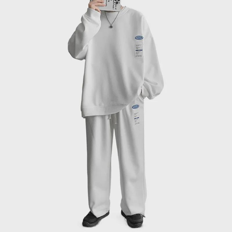 Men's Waffle Knit Sportswear: Street Style Sweatshirt & Straight Sweatpants Two-Piece Set for Spring & Autumn.