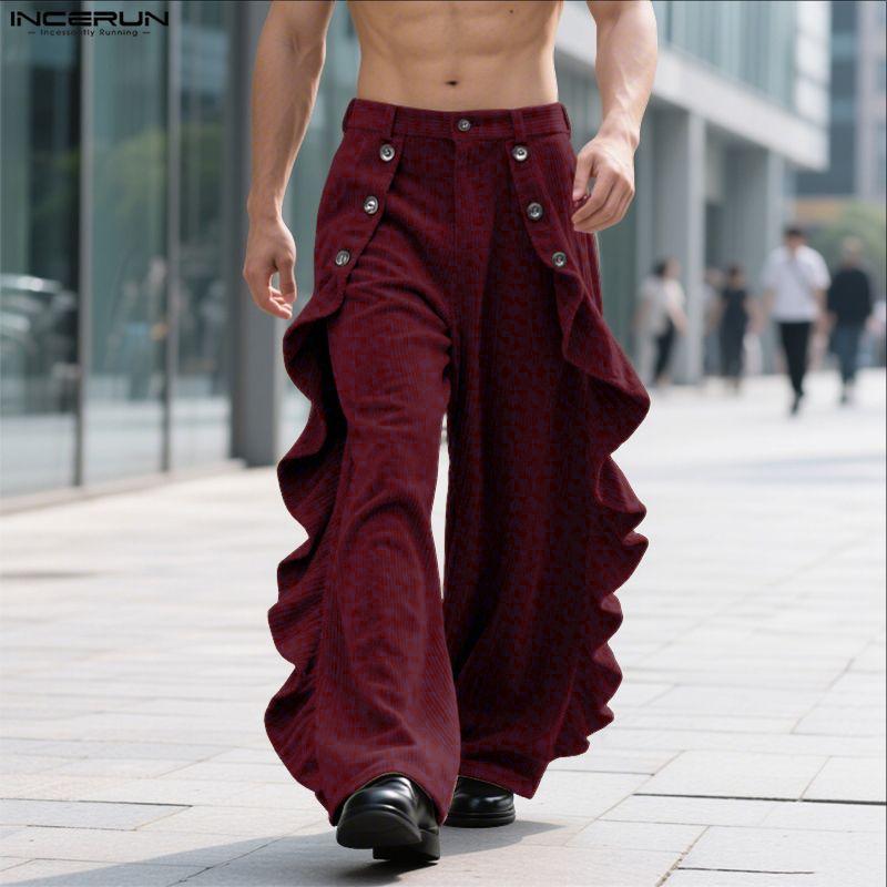 INCERUN Autumn Winter Men High Waist Solid Color Ruffled Casual Corduroy Long Pants