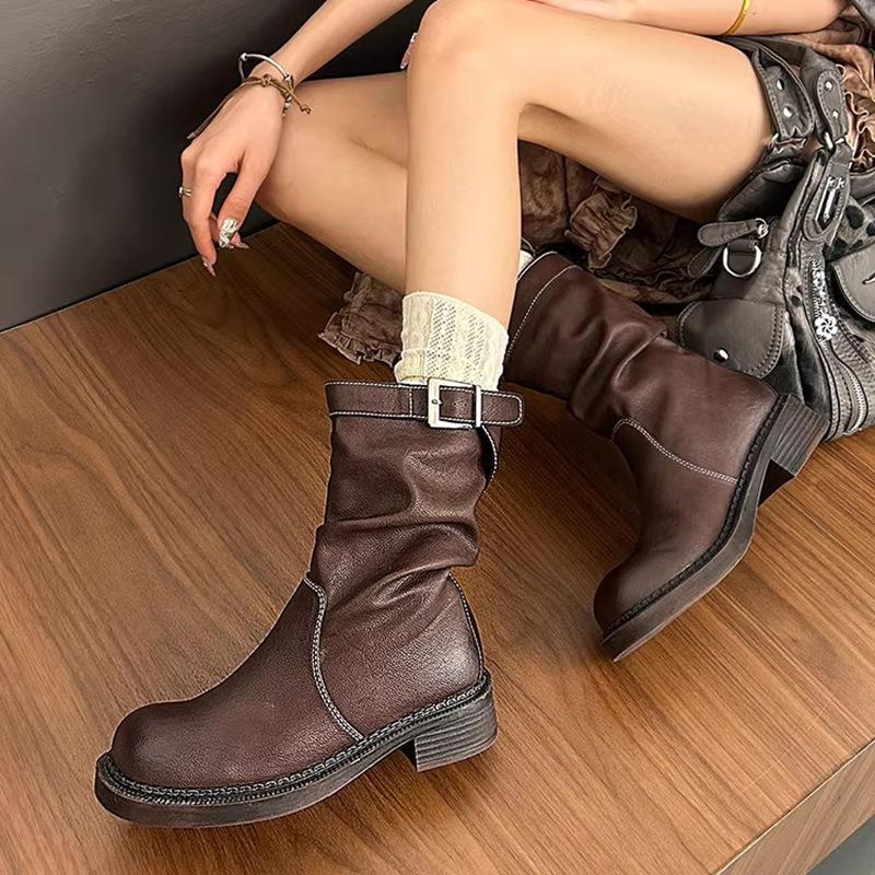 With Skirt Frosted Leather Fashion Belt Buckle Martin Boots Women's 2025 Spring and Autumn Short Tube Turned Fur Pleated Medium Tube Boots
