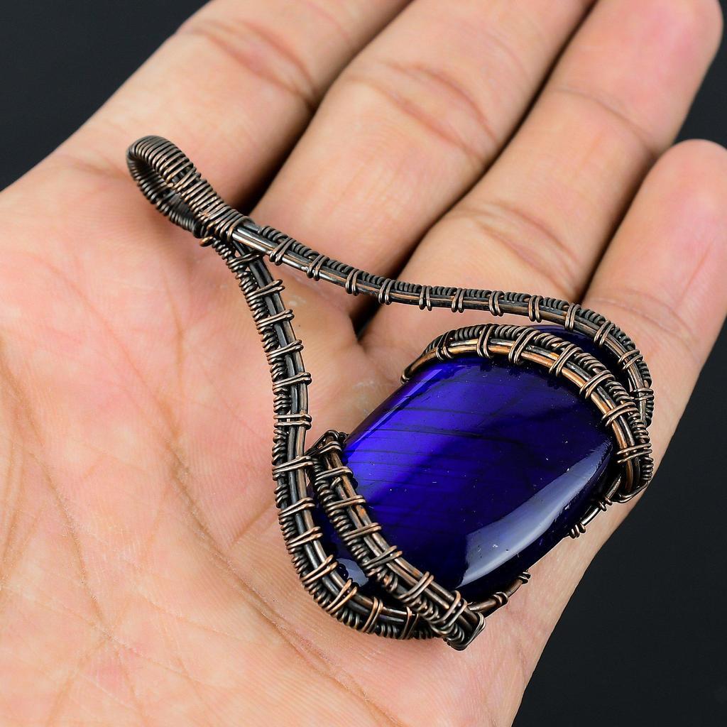 Blue Flash Labradorite Gemstone Pure Copper Wire Wrapped Handmade Pendant Jewelry