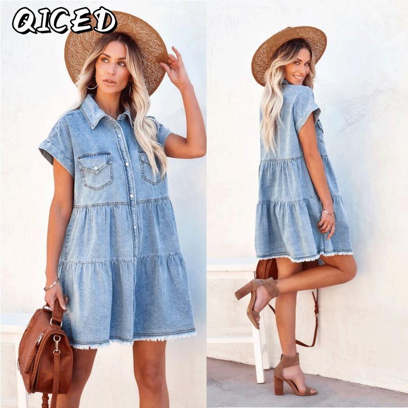 QICED Fashion Summer Spring Solid Color Print Short Sleeve POLO Neck Casual Dresses