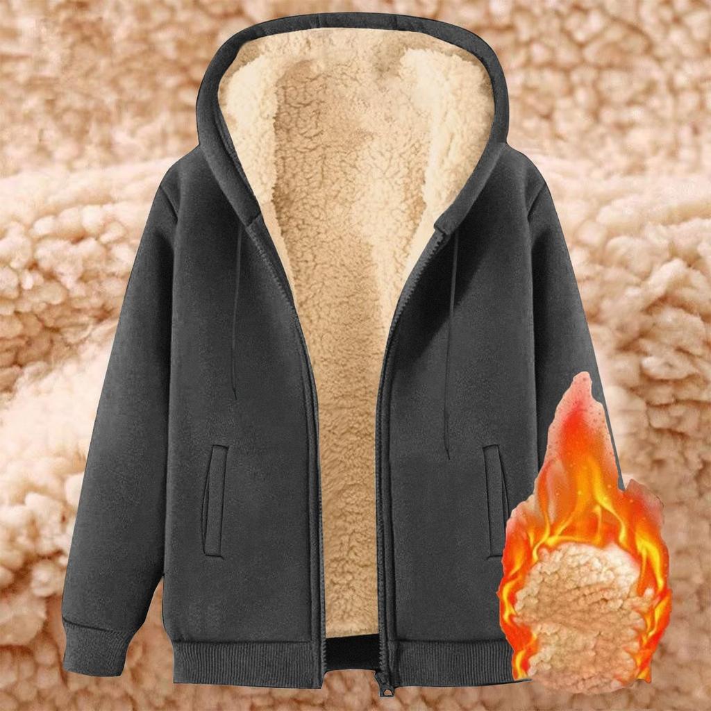 Women's Fashion Fleece-Lined Thermal Top Solid Color Hoodie Jacket With Pockets