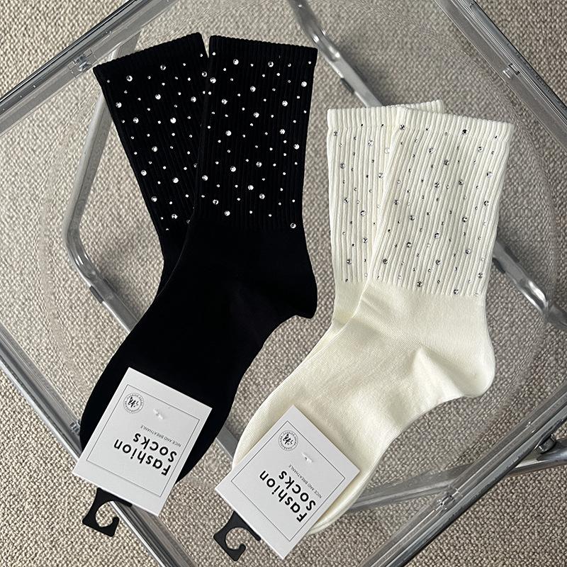 1/2/4Pairs Bright Diamond Tide Socks Diamond Luxury Rhinestone Medium Tube Women's Socks Four Seasons Fashion Cotton Hosiery