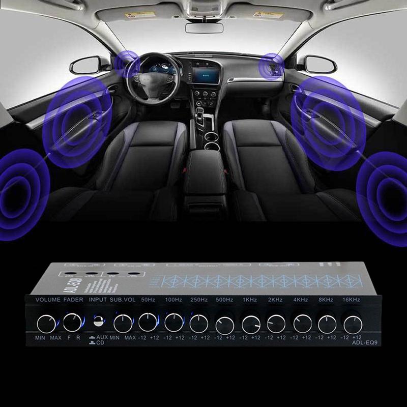 Vehicle Audio Equalizer 9 Band Adjustable DSP Chip Metal Case Subwoofer Output for Car Boat RV