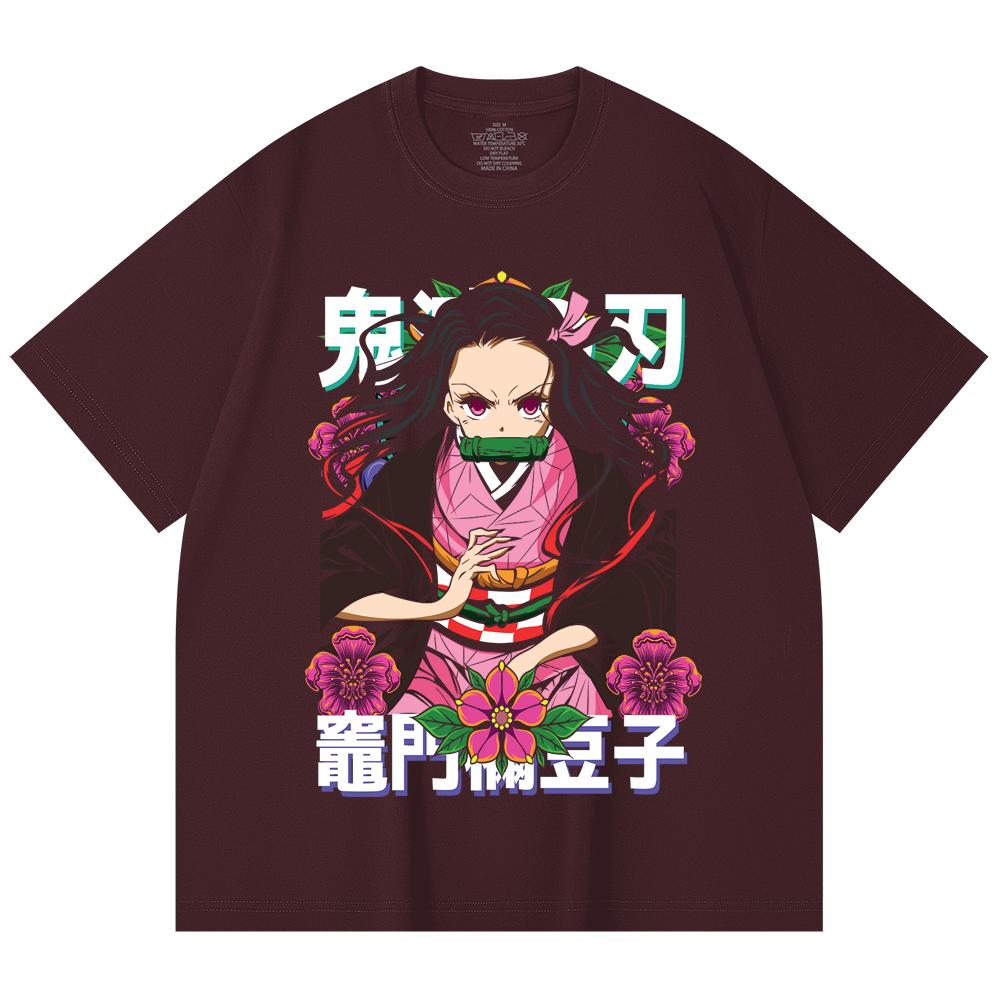 

230 Gsm 100% Cotton Demon Slayer V70 Nezuko Flower Print Unisex Heavy Cotton T Shirt 2XL
