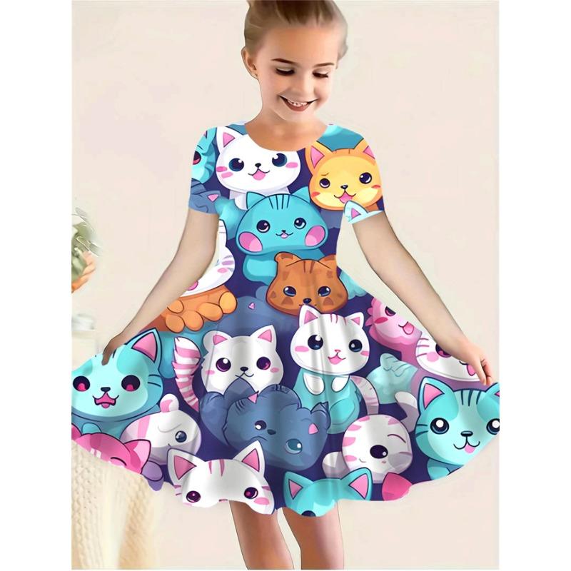 Casual Short-Sleeve Dress for Girls Featuring a 3D Unicorn Print, Perfect for Summer with Cute Cartoon Designs for Toddlers.