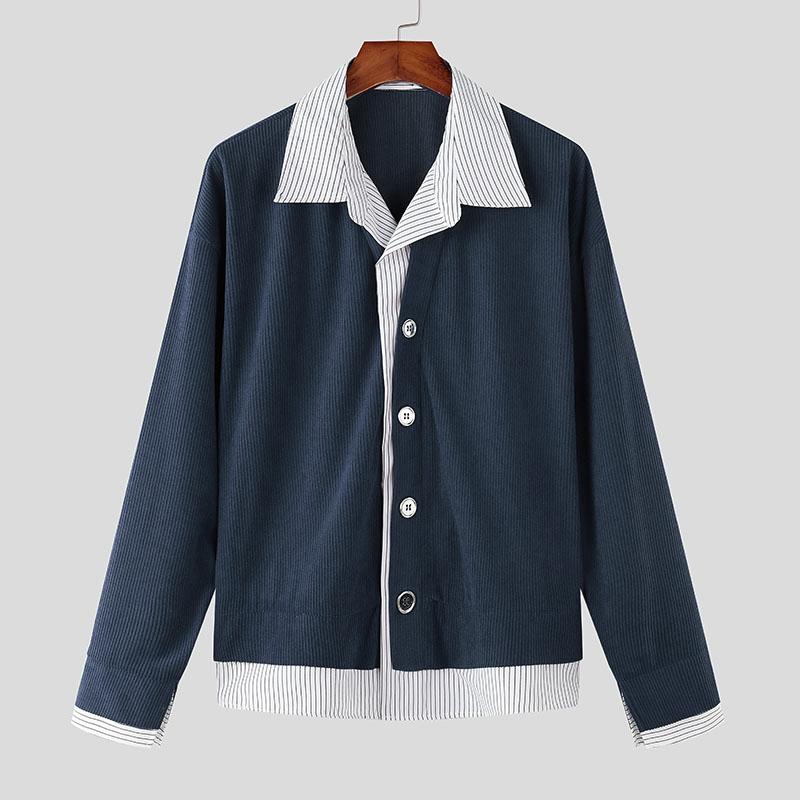 

INCERUN Весна Мужские рубашки с воротником-лацканами и длинным рукавом в полоску в стиле пэчворк на пуговицах Вельветовые топы S