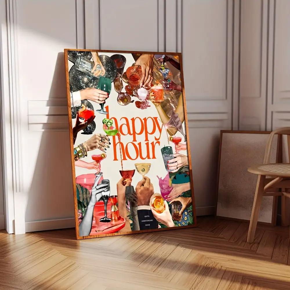 Happy Hour Quotes Wall Arts, Colorful Cocktail Posters, Disco Ball Prints Fashion Cheers Wall Art Decor, NO Frame