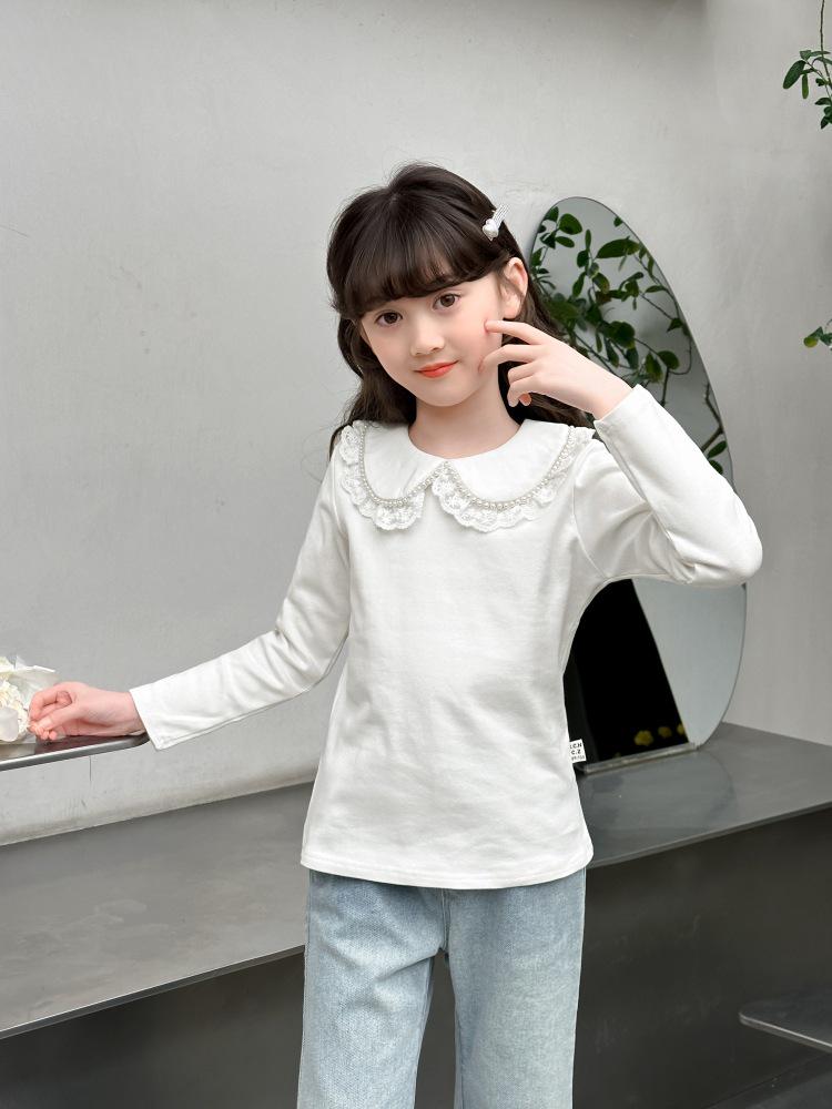 2026 Girls' Korean Style Lace Collar Long Sleeve Shirt for Spring & Autumn