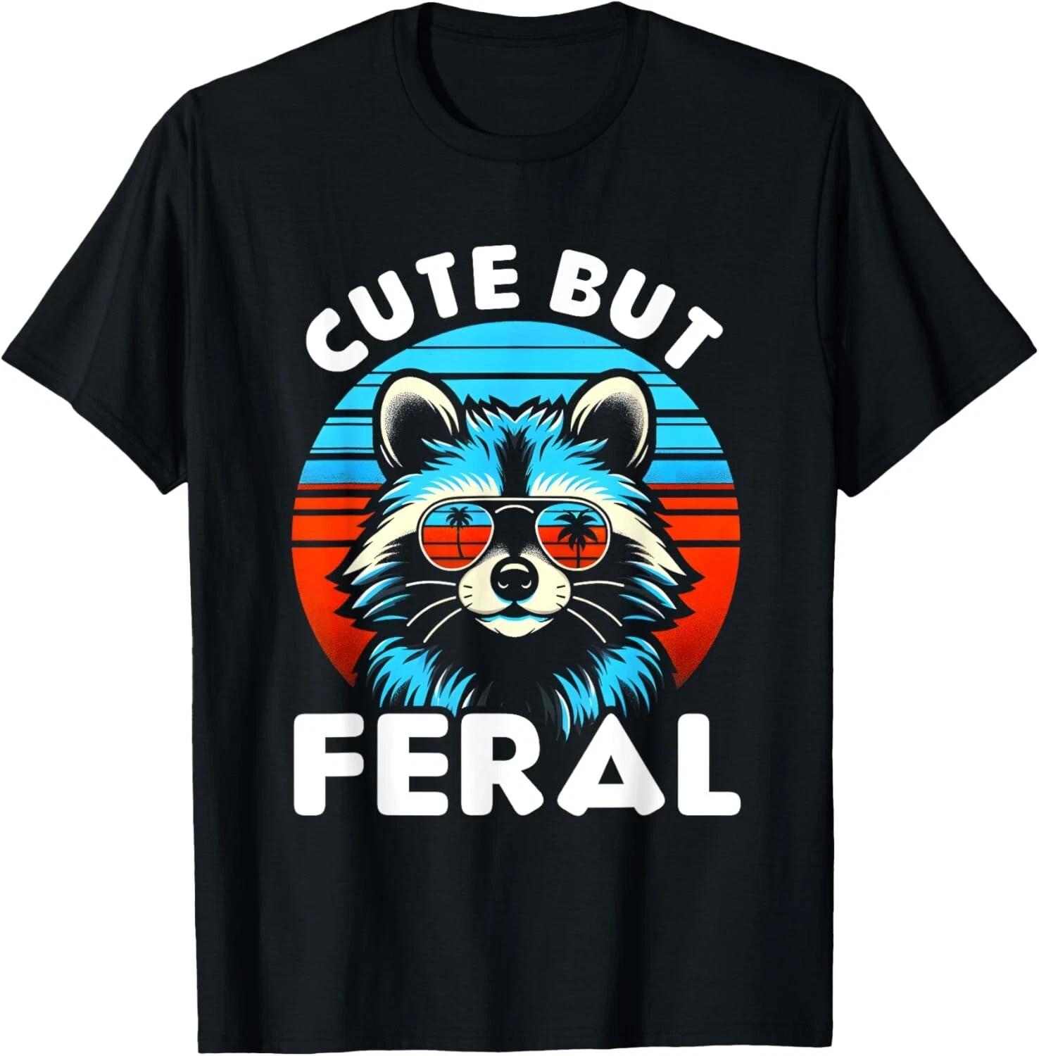 

Cute But Feral Funny Colorful Racoon With Sunglasses Racoon Gift Unisex T-Shirt 4XL