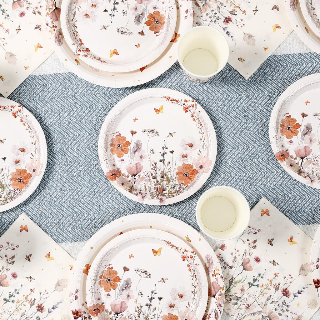 Spring Wild Flower Disposable Tableware Birthday Party Decor Wild Floral Paper Plates Cups Napkins Wedding Baby Shower Supplies