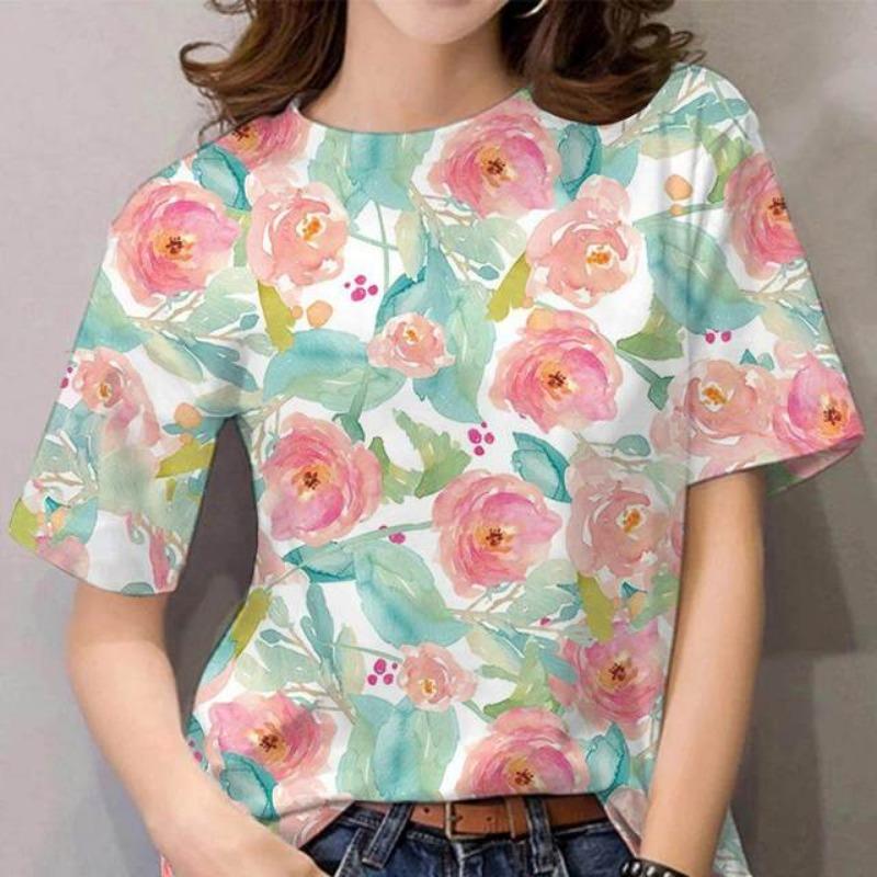 Women's T-shirt for Girls Summer Short Sleeve Fashion Sexy Girls Clothes Y2k Print Tees Wowen's Floral Graphic Oversized T-shirt