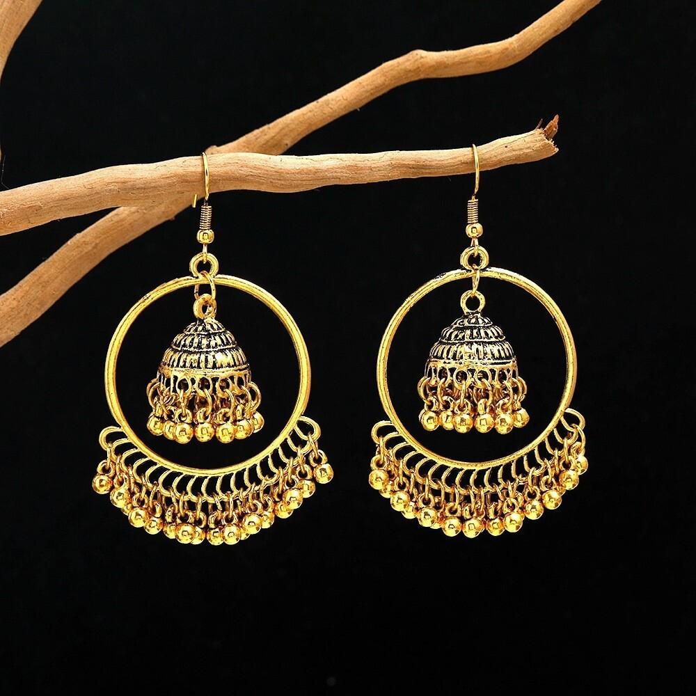 Boho Etnické Retro Starožitná Zlatá Barva Slitina Kruh Ptačí Klec Korálky Zvonky Třásně Indické Jhumka Náušnice Pro Ženy Doplňky