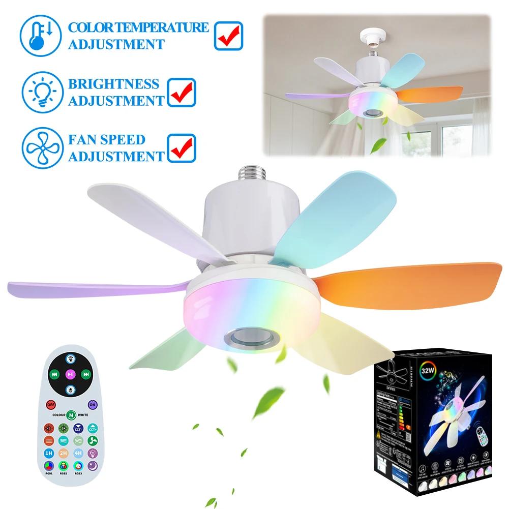 Socket Fan Light with Remote Ceiling Fan with Light Adjustable Wind Speed Timing Wireless Fan RGB Light for Living Room Bedroom