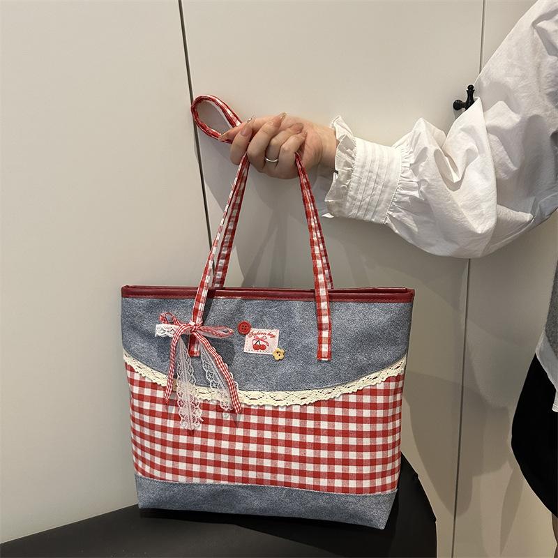 Yogodlns New Simple Style Women's Bag Retro Lattice Casual Plaid Underarm Bag Fashionable Sweet Bowknot Large Capacity Shoulder Totes