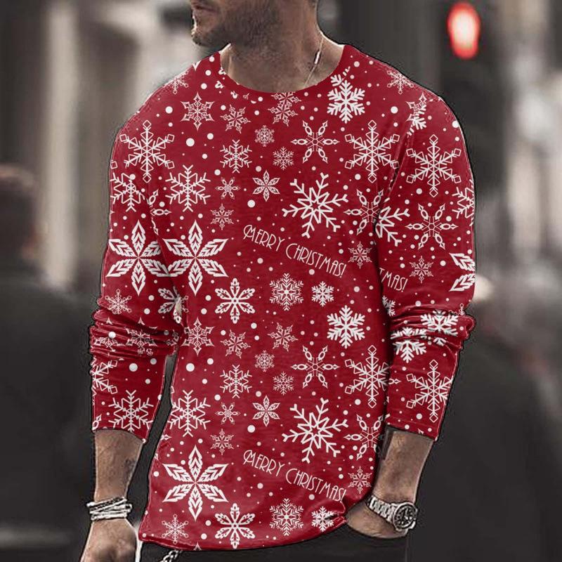 Summer Round Neck Christmas 3D Print Top Fashionable Casual Long Sleeved Men's T-shirts