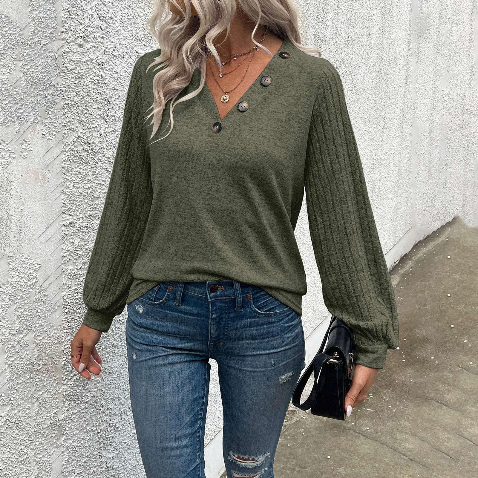 

Женская повседневная модная футболка-пуловер с V-образным вырезом, пуговичным декором и строчкой XXL